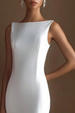 Bateau Simple Satin Sheath Ivory Engagement Dress
