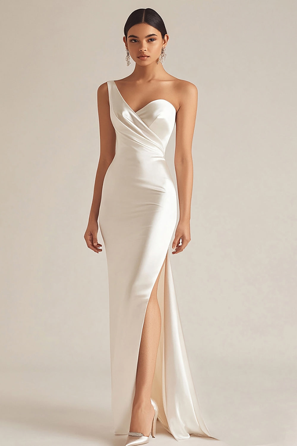 Ivory Sheath One Shoulder Long Engagement Dress with Slit