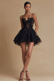 Tulle A Line Spaghetti Straps Little Black Dress with Lace