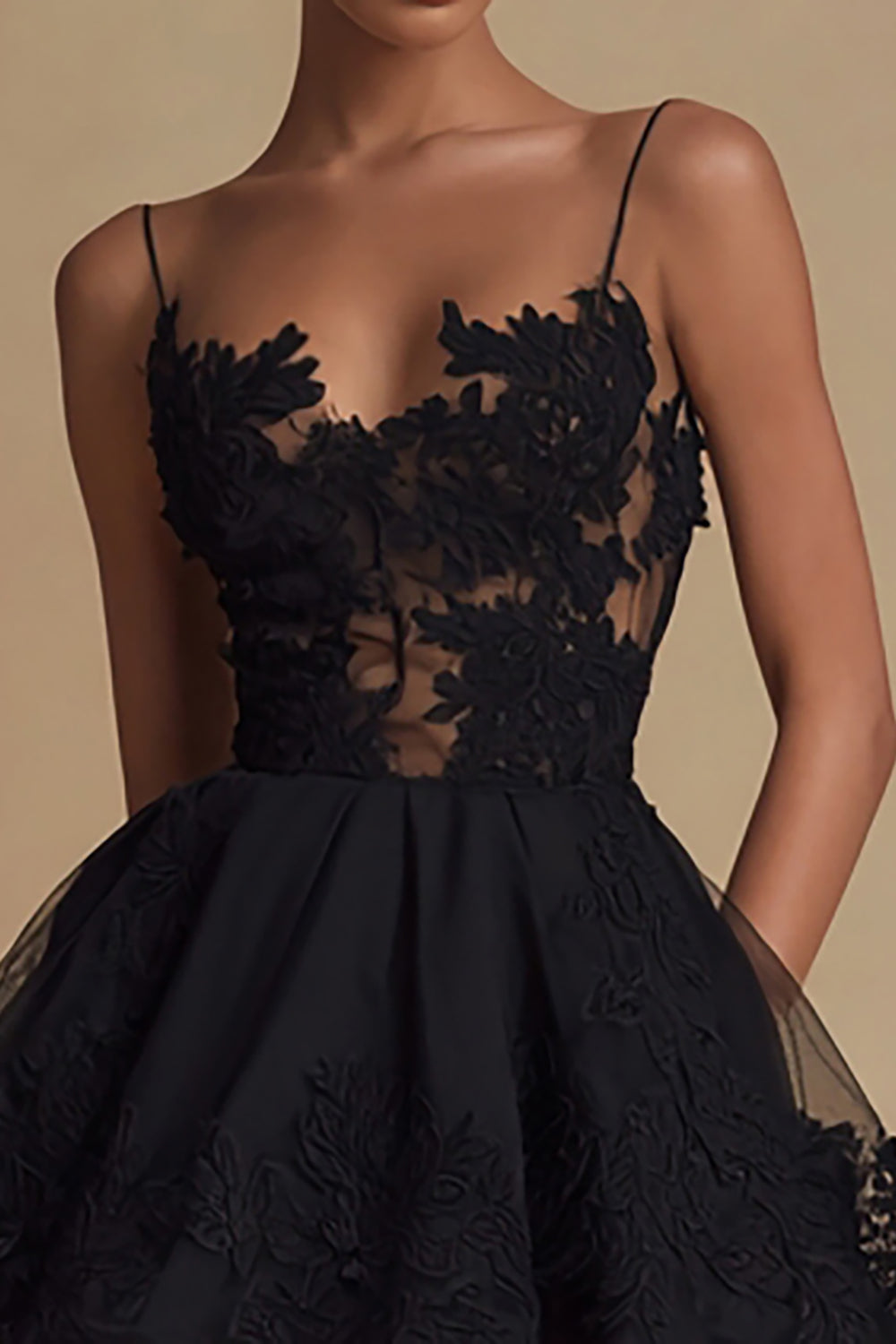 Tulle A Line Spaghetti Straps Little Black Dress with Lace