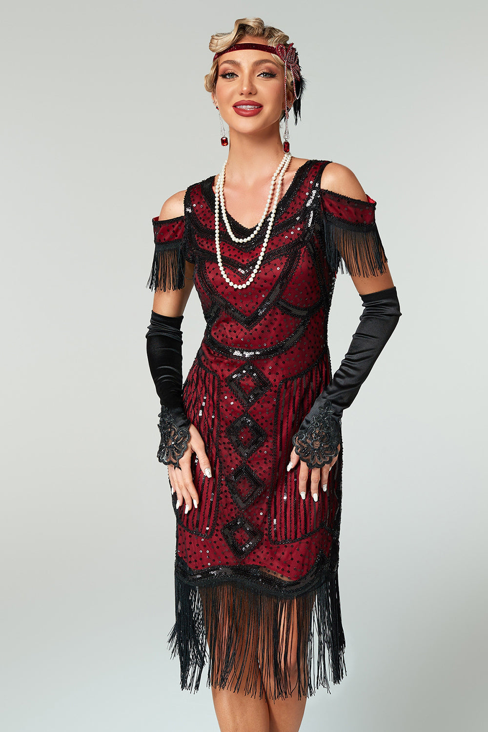 Sparkly Black Cold Shoulder Sequin Short 1920s Dress with Fringes