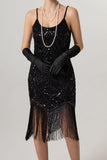 Sparkly Black Sequin Spaghetti Straps Bodycon Short 1920s Dress with Fringes