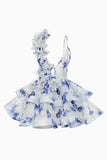 Pink Floral A Line Tiered Short Homecoming Dress with Ruffles
