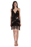 Sparkly Black Short Tight Spaghetti Straps Homecoming Dress with Fringes