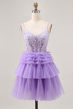 Off The Shoulder Lavender Beaded Tiered A Line Homecoming Dress