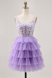 Lavender Corset Tiered A Line Homecoming Dress with Appliques