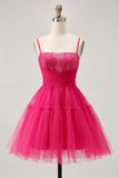 Fuchsia A Line Spaghetti Straps Corset Beaded Homecoming Dress