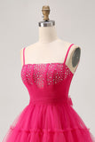 Fuchsia A Line Spaghetti Straps Corset Beaded Homecoming Dress