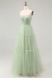 Green A Line Beaded Tulle Corset Long Prom Dress with Lace Up Back