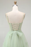 Green A Line Beaded Tulle Corset Long Prom Dress with Lace Up Back