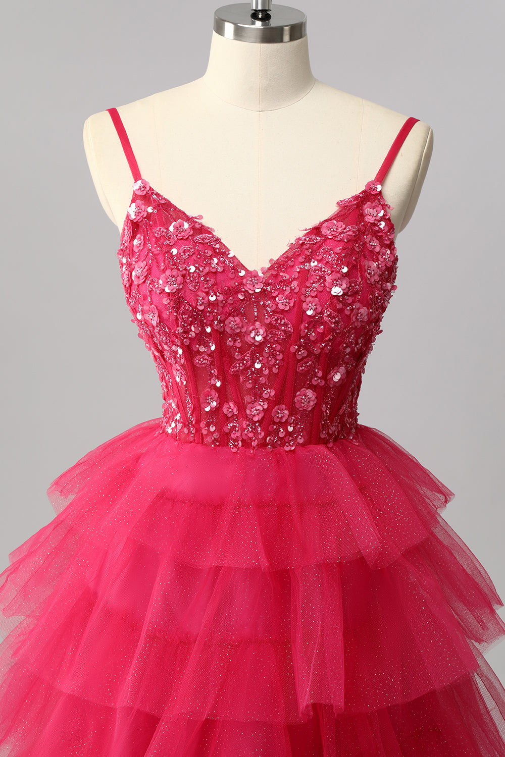 Sparkly Fuchsia A Line Tiered Long Prom Dress with Appliques