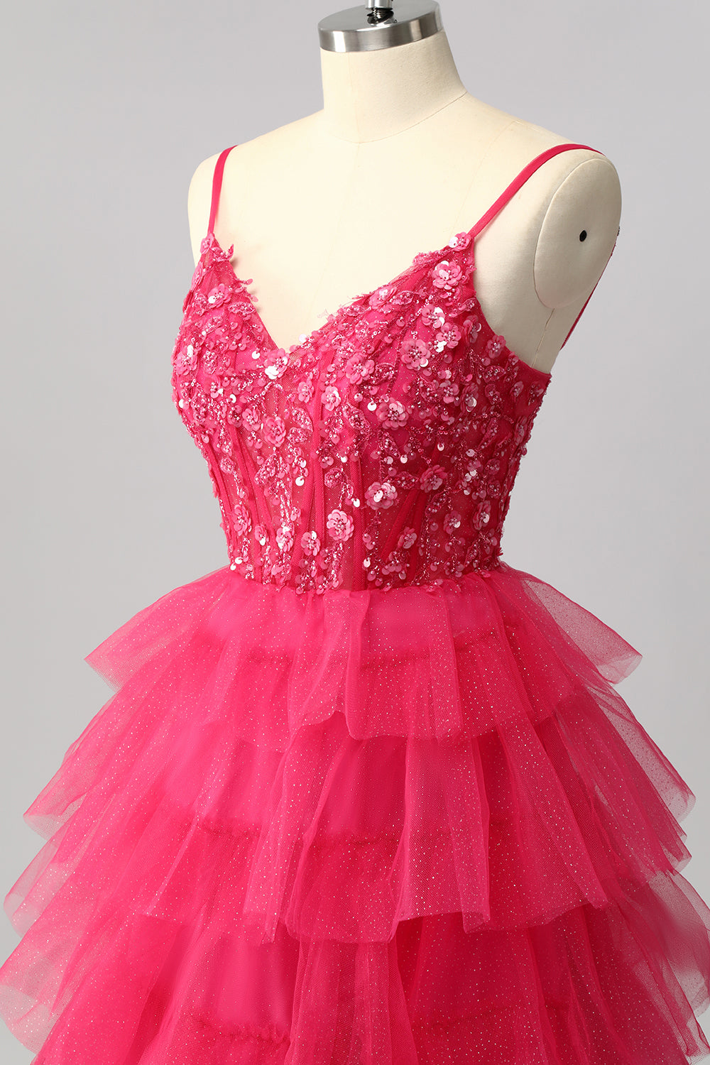 Sparkly Fuchsia A Line Tiered Long Prom Dress with Appliques