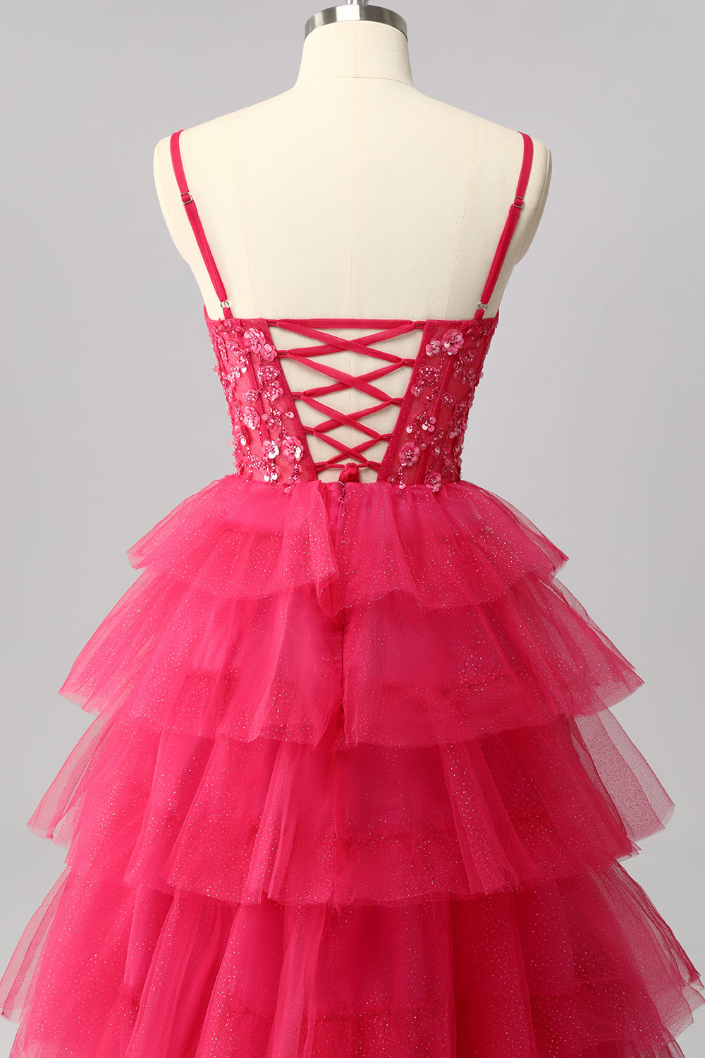 Sparkly Fuchsia A Line Tiered Long Prom Dress with Appliques