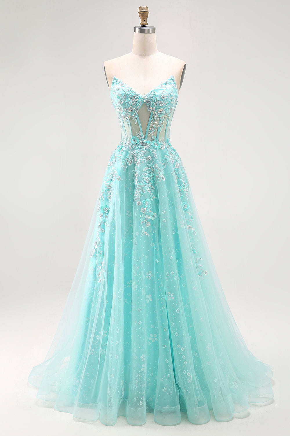 Sparkly Green A-Line Strapless Sequins Corset Long Prom Dress with Slit