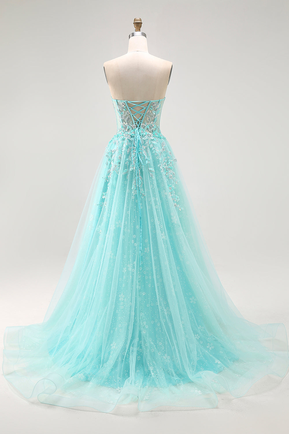 Sparkly Green A-Line Strapless Sequins Corset Long Prom Dress with Slit