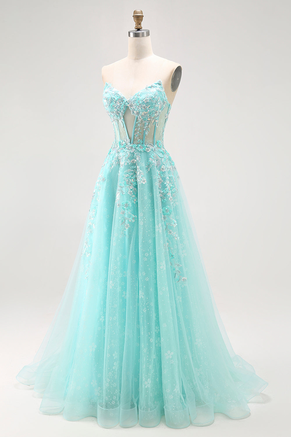 Sparkly Green A-Line Strapless Sequins Corset Long Prom Dress with Slit