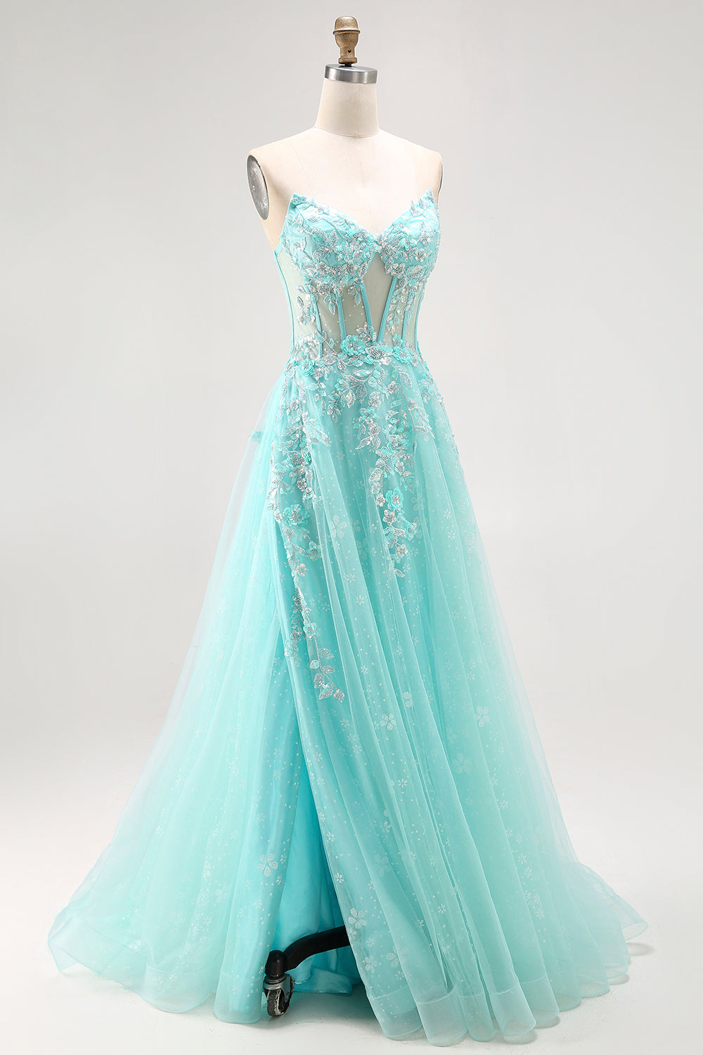 Sparkly Green A-Line Strapless Sequins Corset Long Prom Dress with Slit