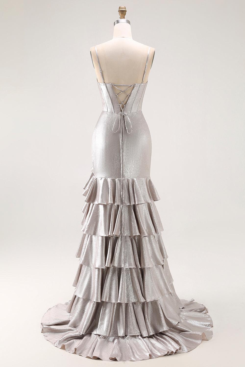 Grey Mermaid Beaded Corset Tiered Pleated Long Prom Dress with Slit