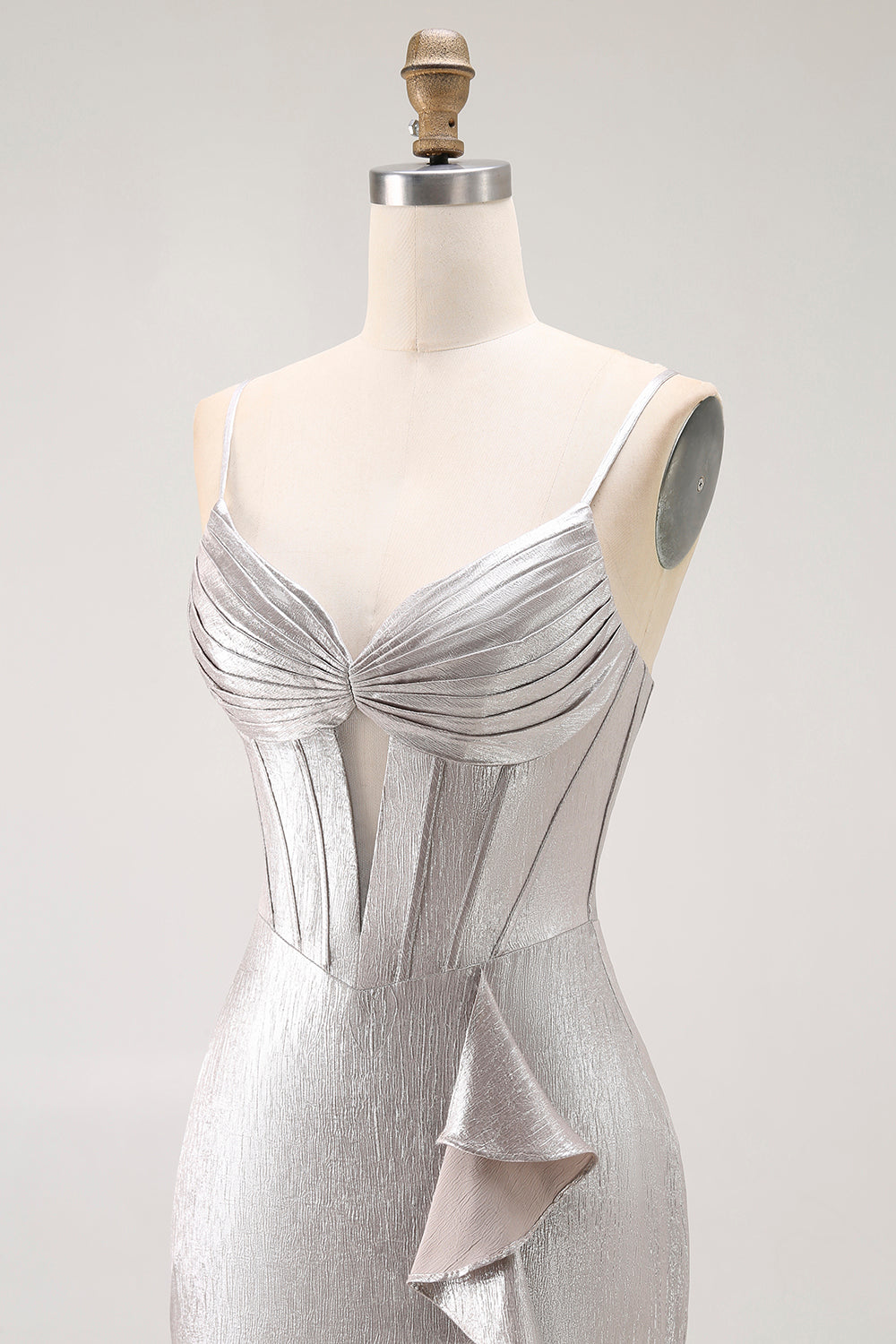Grey Mermaid Beaded Corset Tiered Pleated Long Prom Dress with Slit