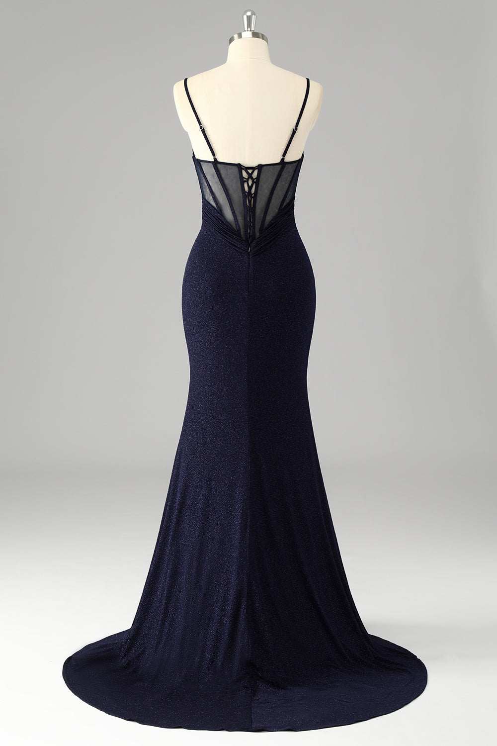 Sparkly Navy Spaghetti Straps Mermaid Long Prom Dress with Slit
