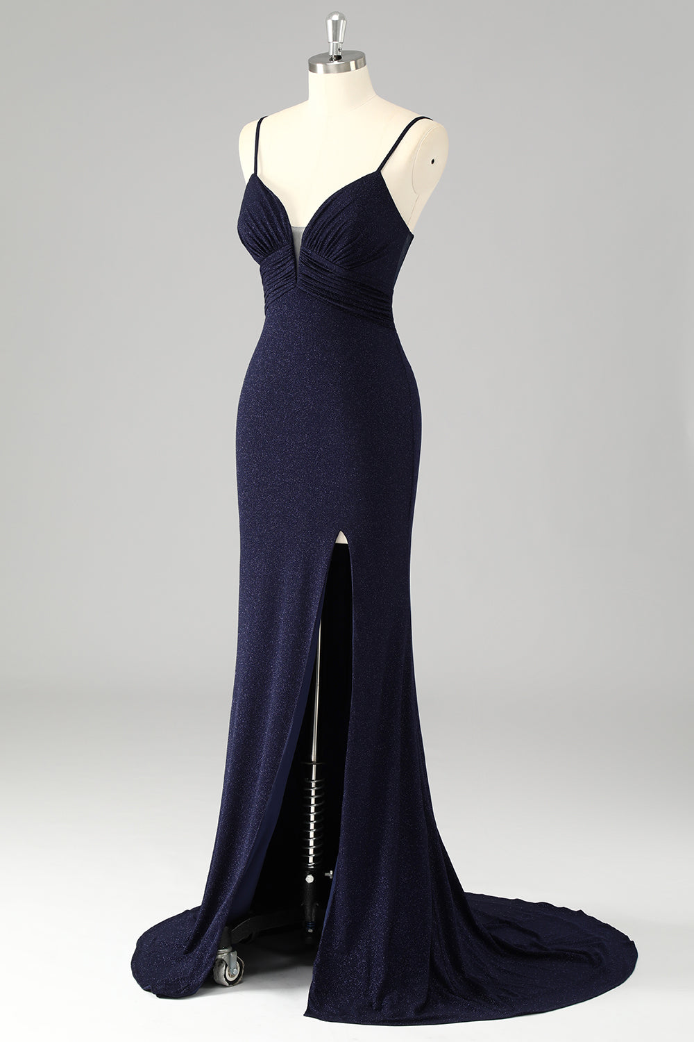Sparkly Navy Spaghetti Straps Mermaid Long Prom Dress with Slit