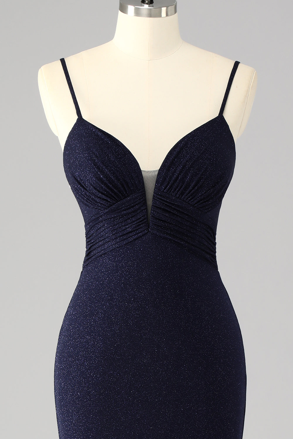 Sparkly Navy Spaghetti Straps Mermaid Long Prom Dress with Slit