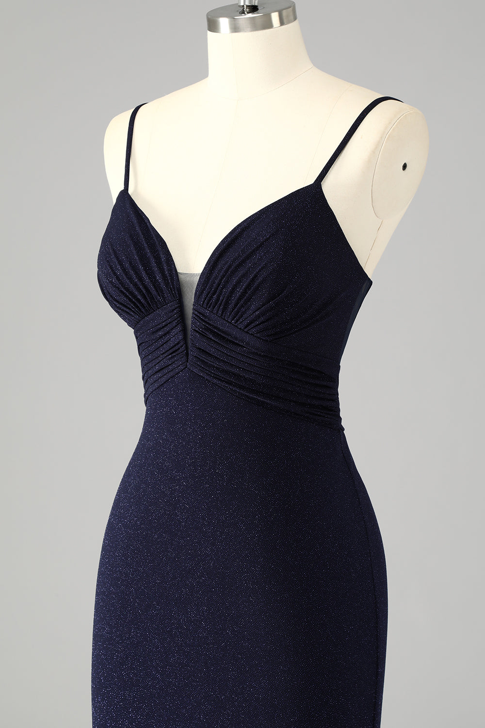 Sparkly Navy Spaghetti Straps Mermaid Long Prom Dress with Slit
