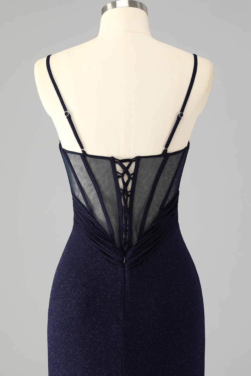 Sparkly Navy Spaghetti Straps Mermaid Long Prom Dress with Slit
