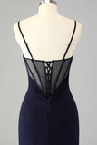 Sparkly Navy Spaghetti Straps Mermaid Long Prom Dress with Slit