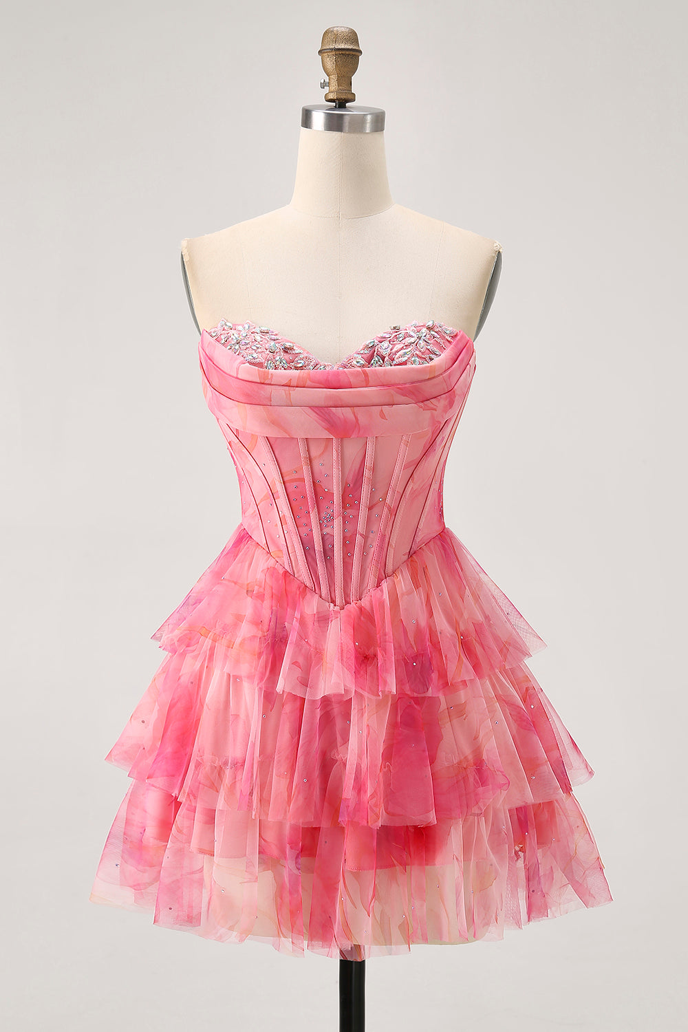 Tiered Corset Red A Line Printed Beaded Homecoming Dress