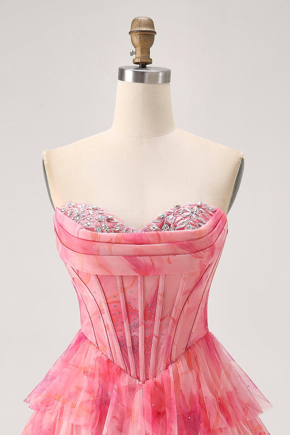 Tiered Corset Red A Line Printed Beaded Homecoming Dress