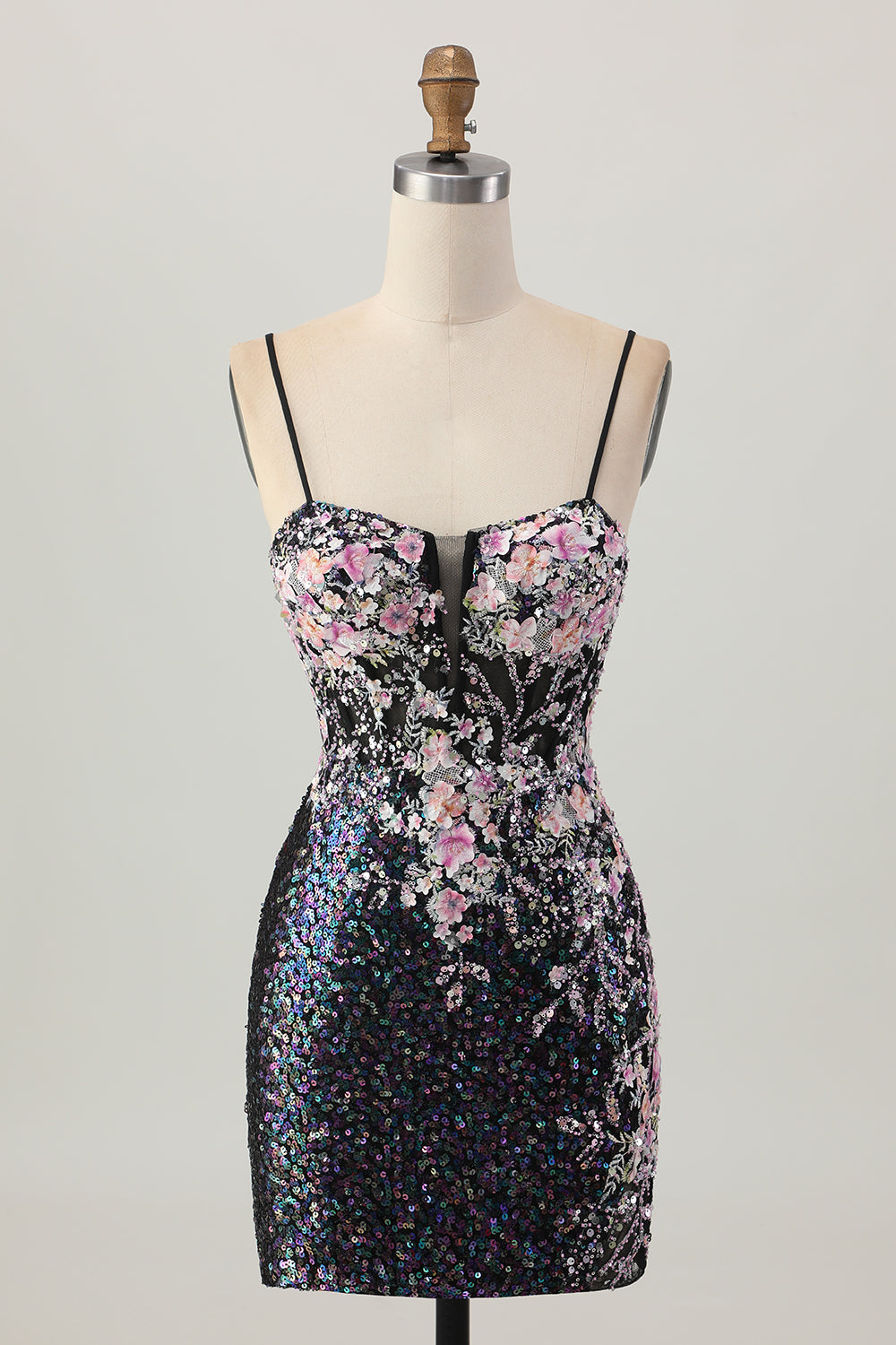 Sparkly Black Pink Floral Corset Short Homecoming Dress with Sequins