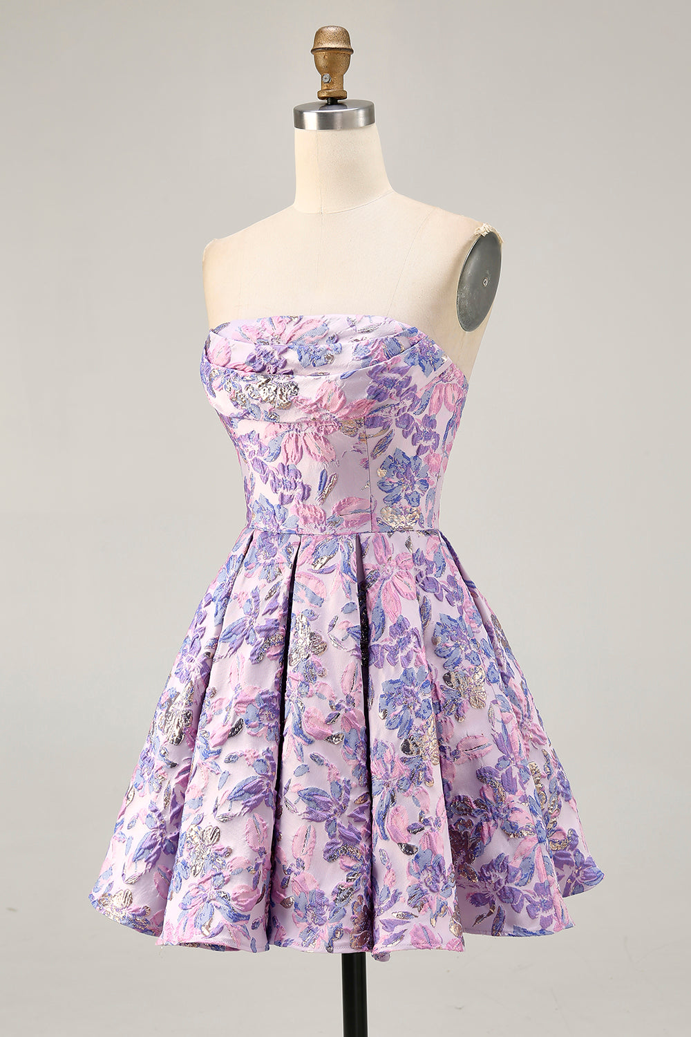 Brocade Lilac Strapless A Line Floral Short Homecoming Dress