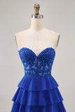 Strapless A-Line Tiered Corset Royal Blue Homecoming Dress with Beading