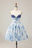 White Blue Flower A-Line Strapless Printed Beaded Homecoming Dress