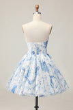 White Blue Flower A-Line Strapless Printed Beaded Homecoming Dress
