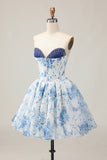 White Blue Flower A-Line Strapless Printed Beaded Homecoming Dress