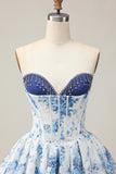 White Blue Flower A-Line Strapless Printed Beaded Homecoming Dress