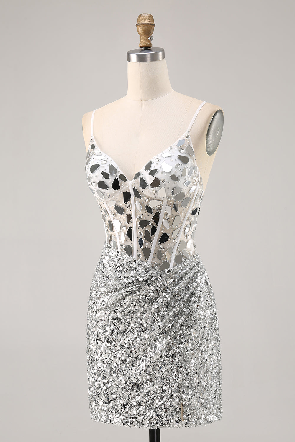 Silver V Neck Bodycon Corset Mirror Homecoming Dress