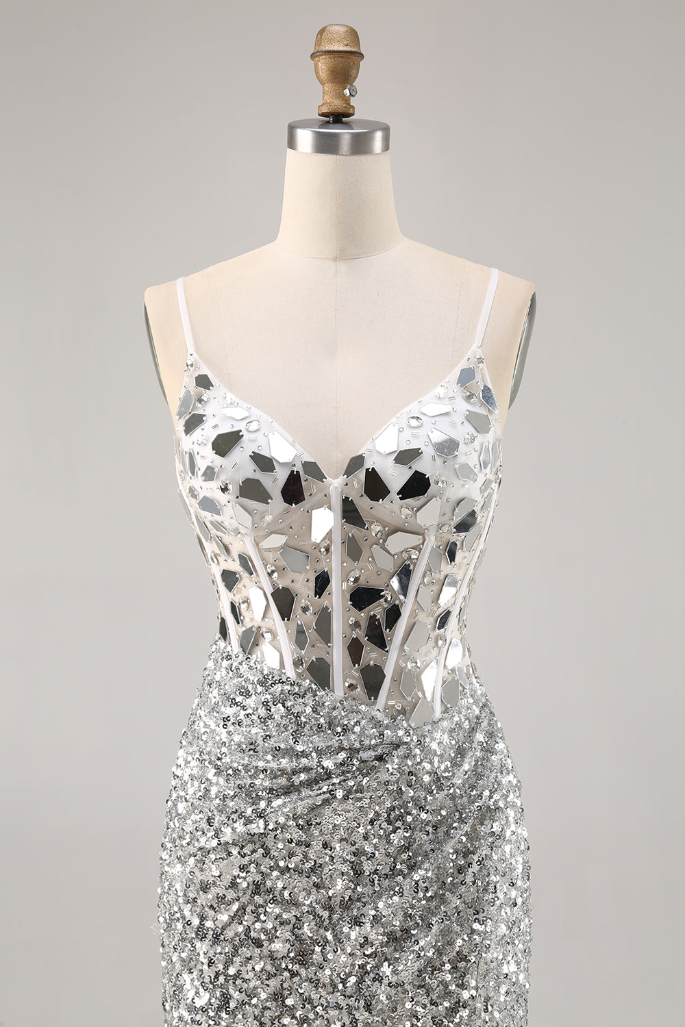 Silver V Neck Bodycon Corset Mirror Homecoming Dress