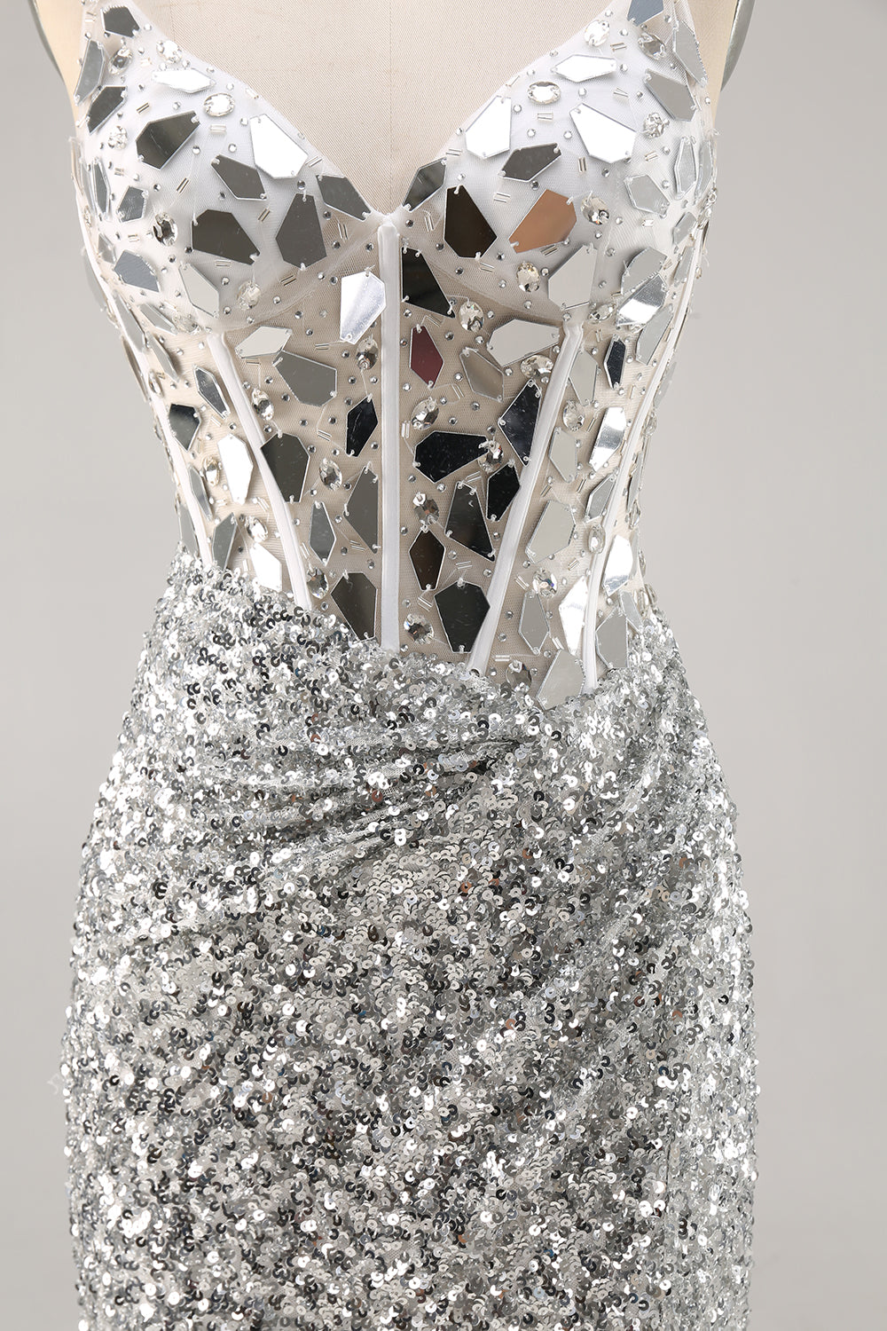 Silver V Neck Bodycon Corset Mirror Homecoming Dress