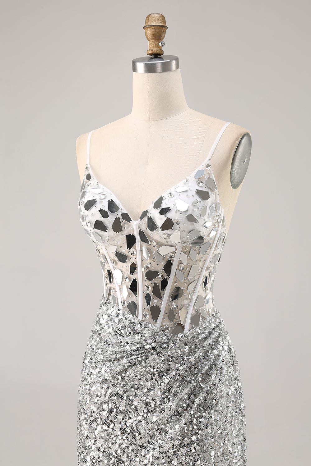 Silver V Neck Bodycon Corset Mirror Homecoming Dress