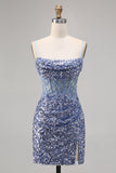 Corset Grey Blue Bodycon Sequins Homecoming Dress with Slit