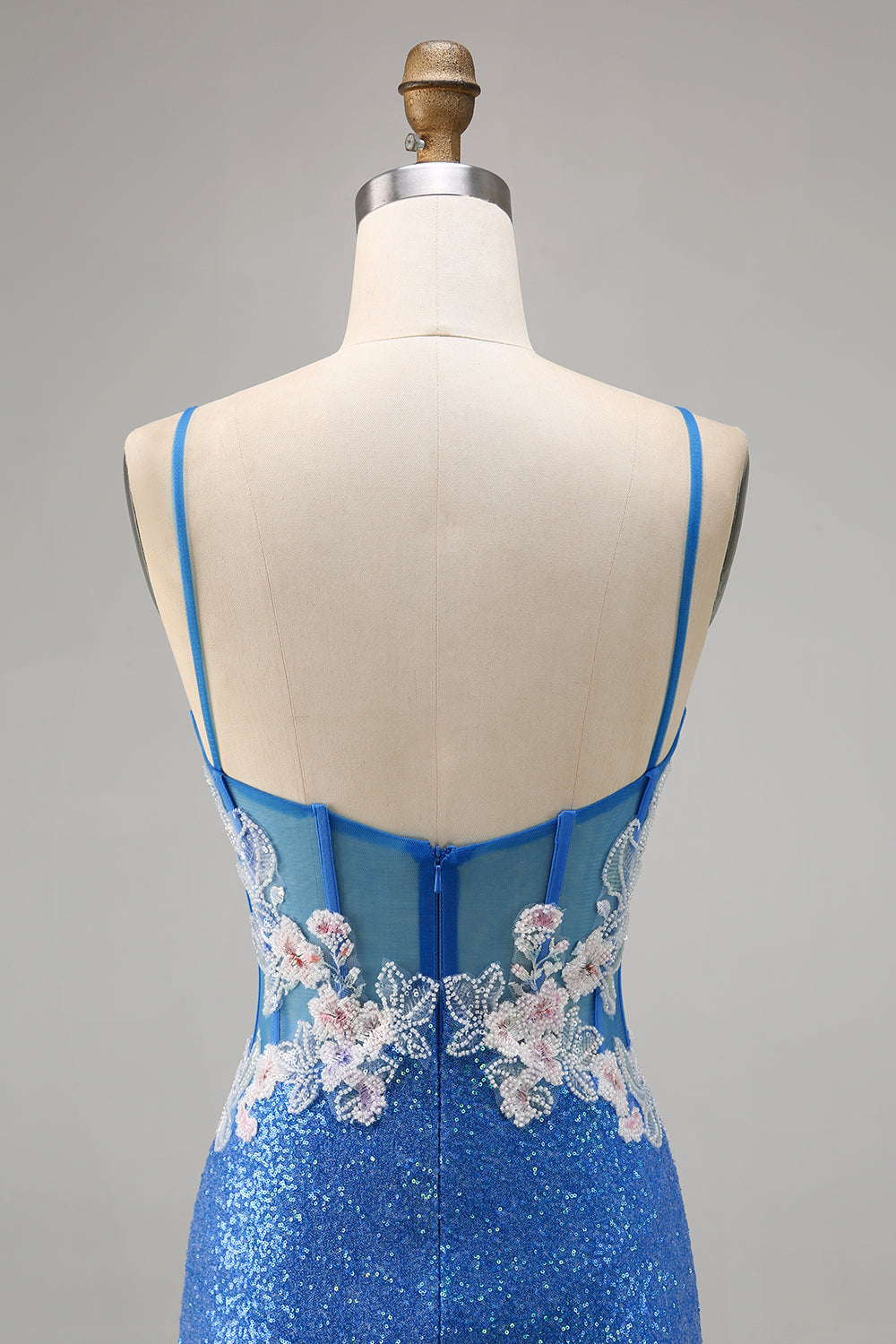 Sparkly Floral Blue Beaded Bodycon Sequins Homecoming Dress with Slit