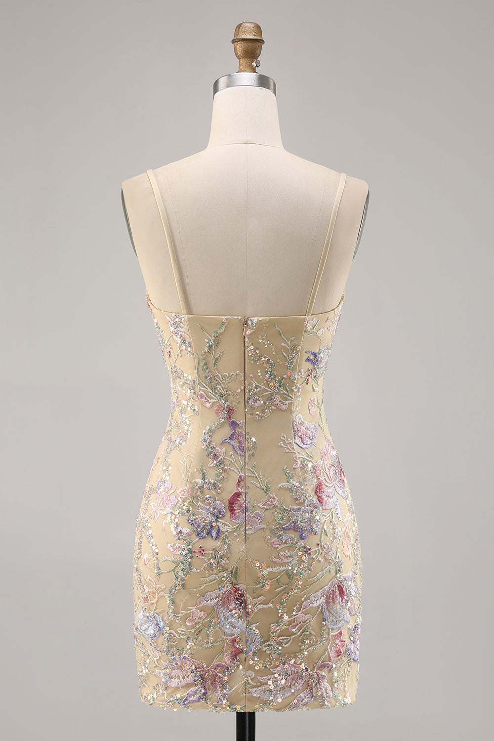 Apricot Bodycon Spaghetti Straps Sequins Short Homecoming Dress with Embroidery