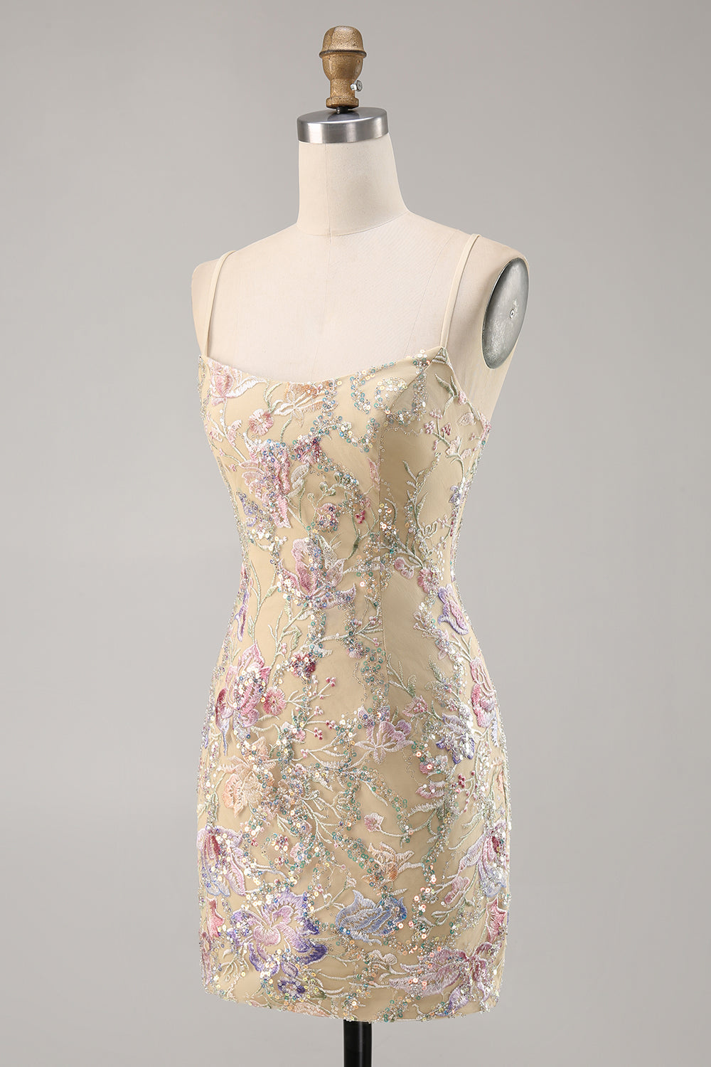 Sparkly Apricot Floral Embroidered Bodycon Homecoming Dress