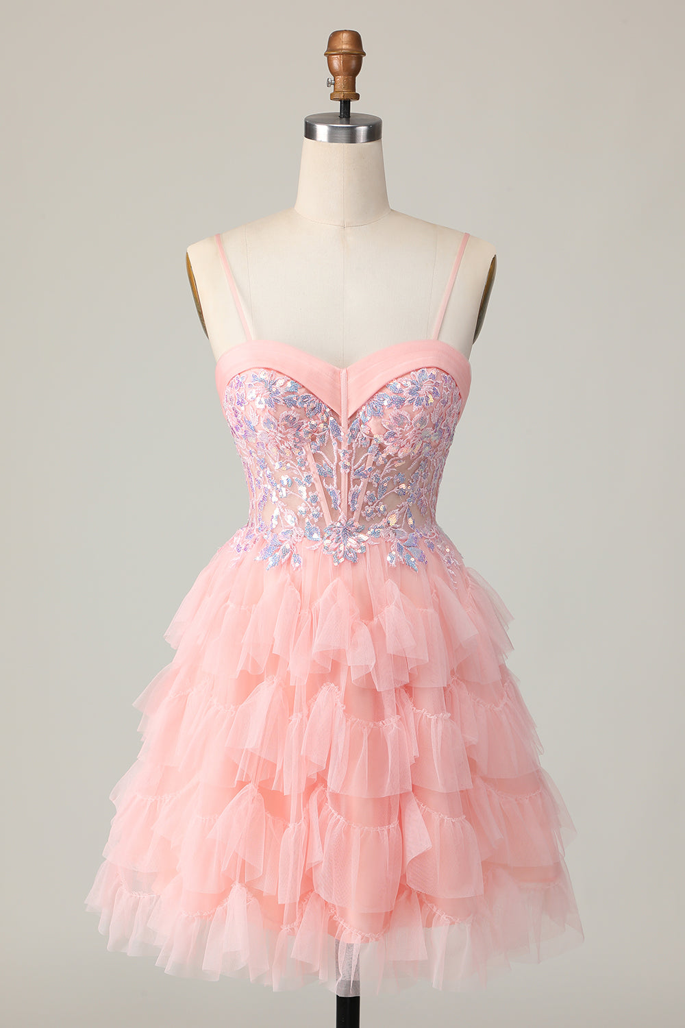 Pink A Line Corset Tiered Short Homecoming Dress with Sequins