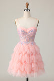 Pink A Line Corset Tiered Short Homecoming Dress with Sequins