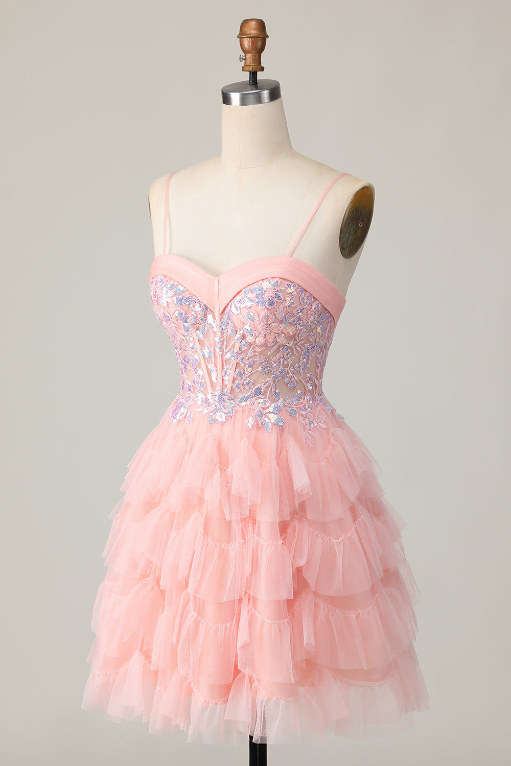 Pink A Line Corset Sequins Short Homecoming Dress with Ruffles
