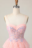 Pink A Line Corset Sequins Short Homecoming Dress with Ruffles